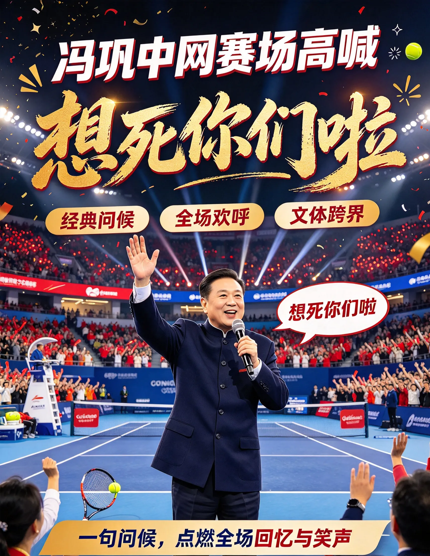 冯巩中网赛场高喊“想死你们啦”：一句说了30年的台词，如何在网球场上完成一次“文体两开花”